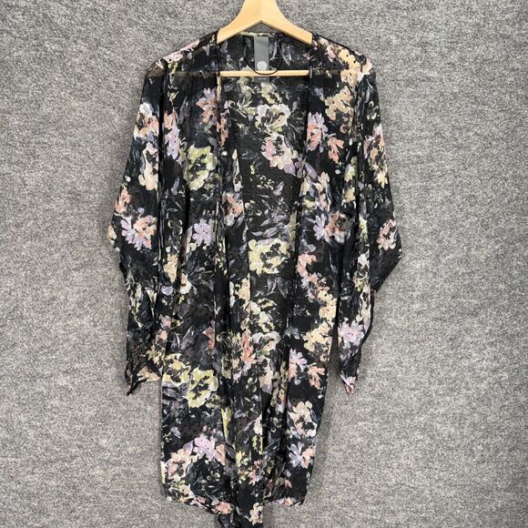 Vince Camuto Top Women One Size Black Floral Open Front Long Sleeve Sheer - Picture 1 of 7